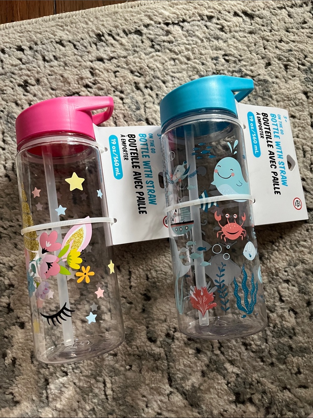 Kids Straw Water Bottle - Pink Unicorn & Blue Ocean seafish Designs